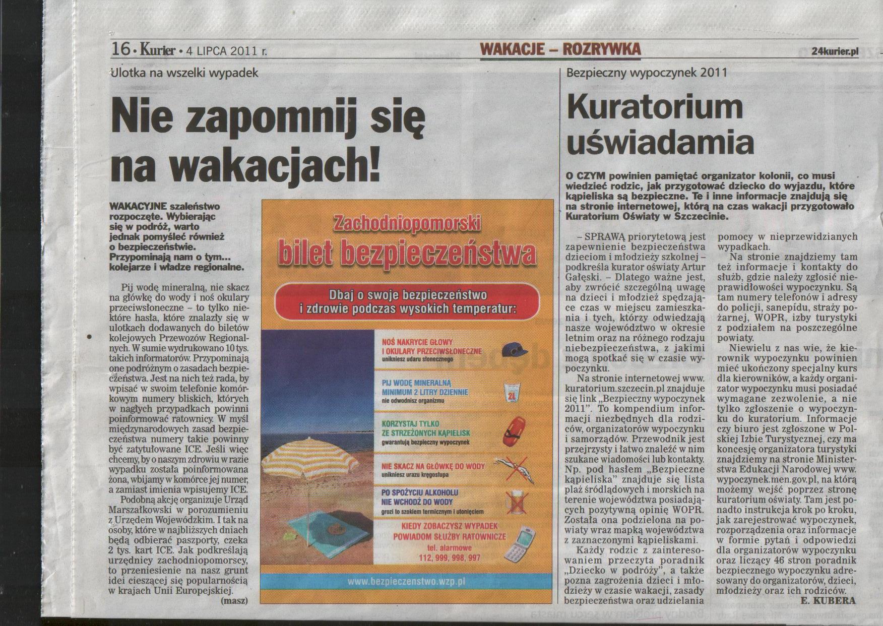 Zachodniopomorski Bilet Bezpieczeństwa na lamach "Kuriera Szczecińskiego"